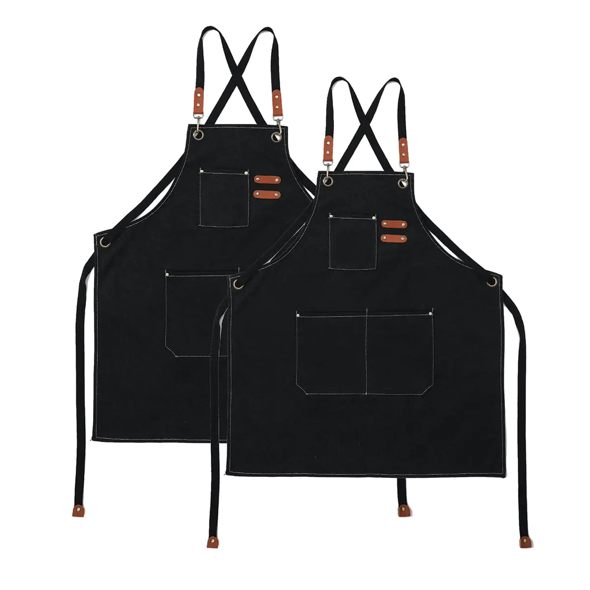 Kitchen Apron Canvas (2 Pack) Chef Apron Cross Back Adjustable Apron with 3 Pockets Professional Tool Work Apron Waterproof Barbecue BBQ Apron for Men Women Cooking Painting Gardener (Black)