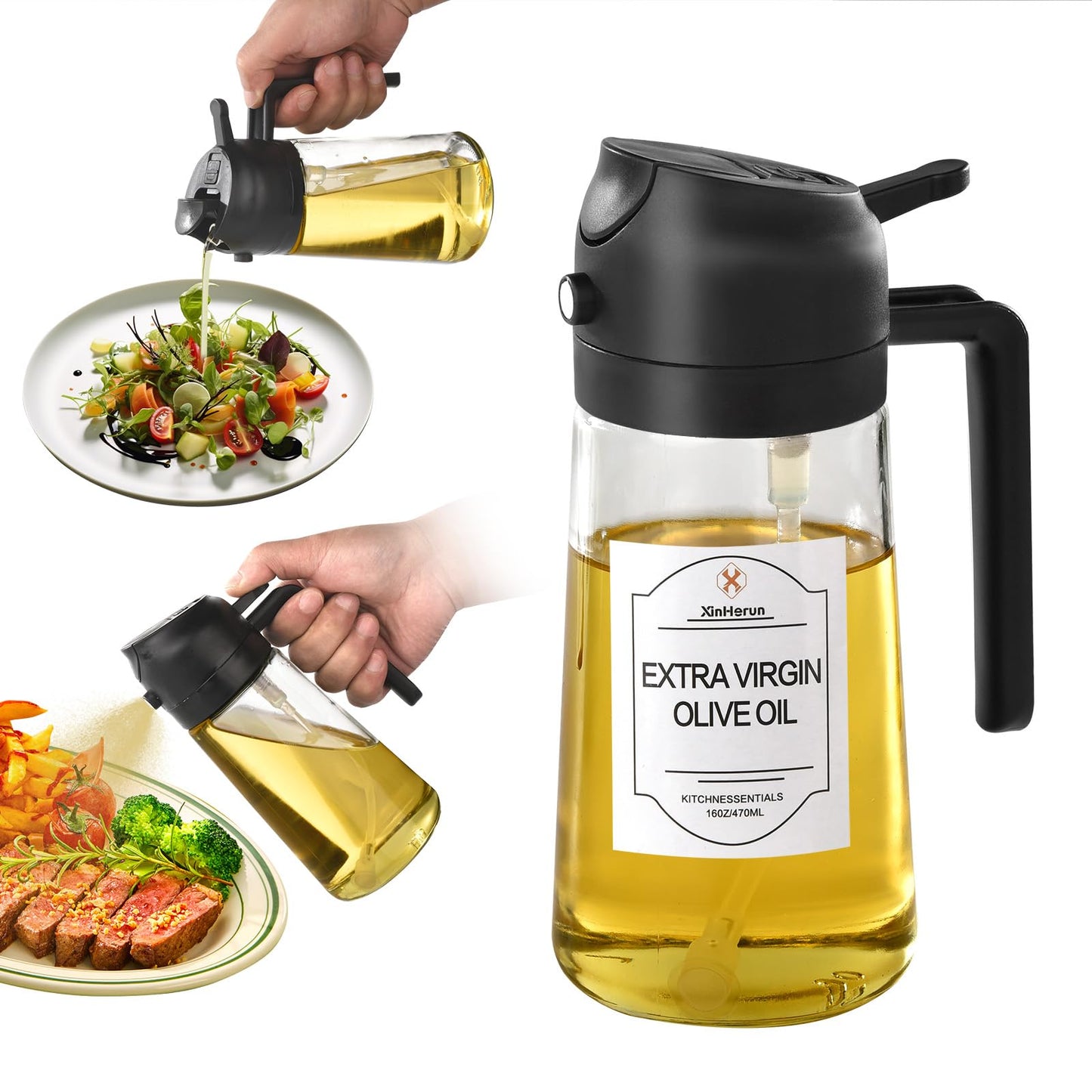 Olive Oil Sprayer for Cooking 16oz Glass Olive Oil Spray Bottle 2 in 1 Oil Dispenser and Oil Sprayer Oil Spritzer for Cooking Olive Oil with Sticker (Transparent Black)